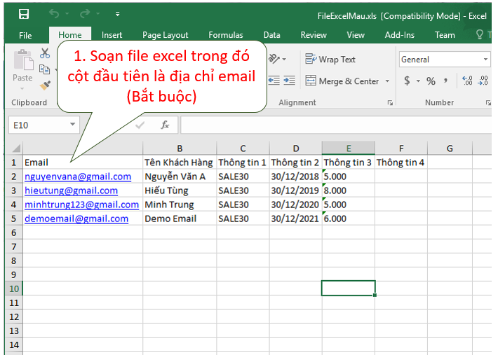 nhap excel vao email pro
