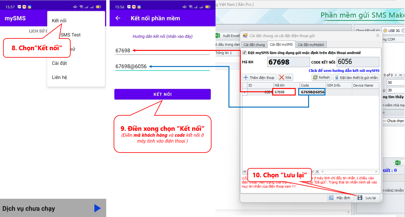Điền code kết nối trên SMS Pro vào điện thoại android