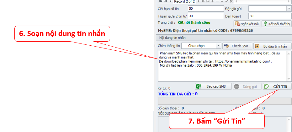 Soạn tin nhắn và bấm Gửi trên SMS Pro