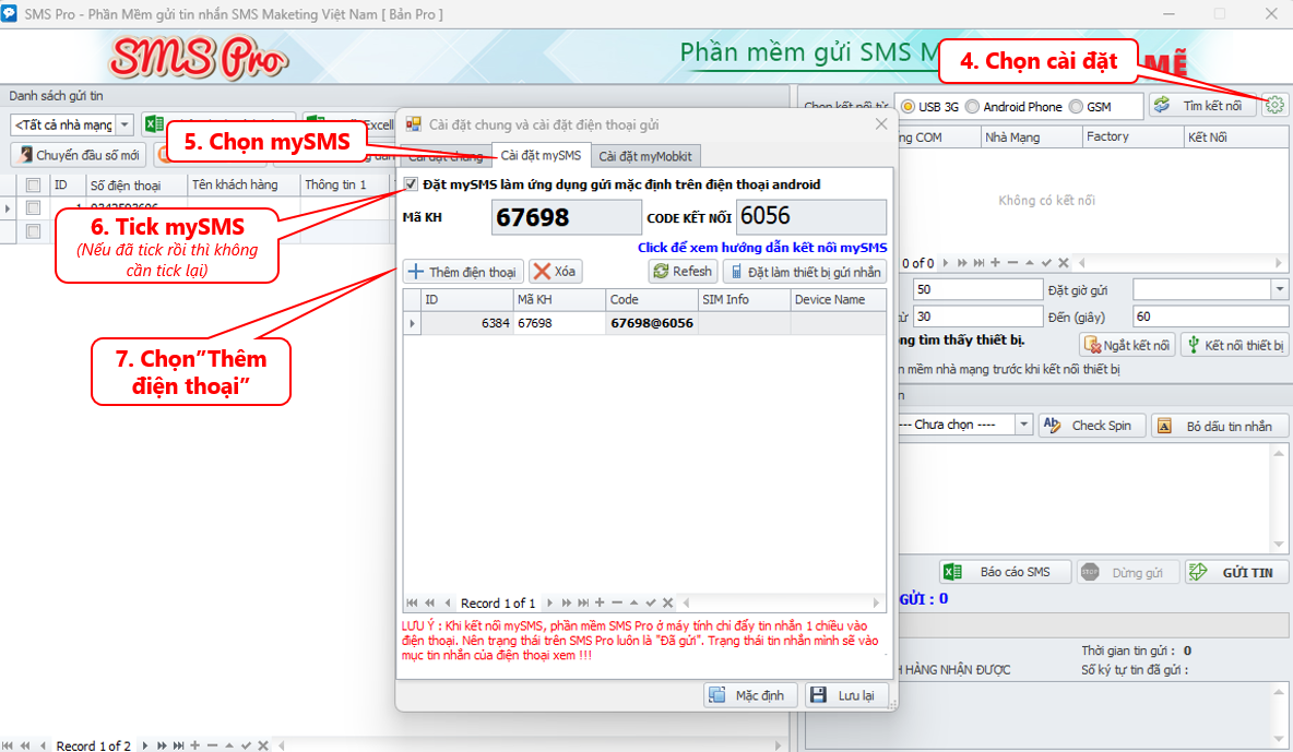 Tạo code kết nối trên SMS Pro