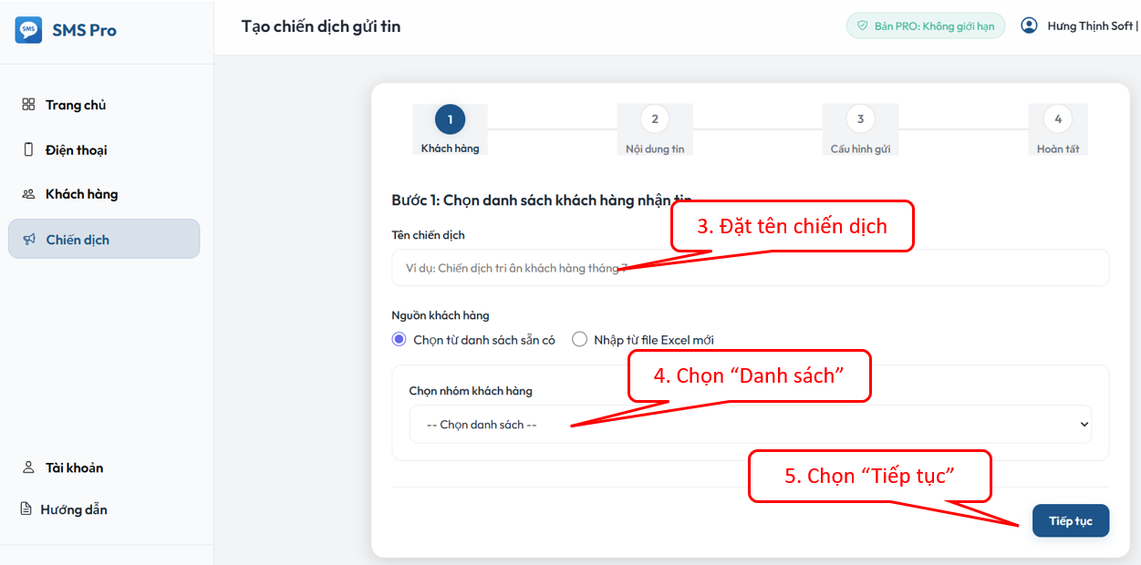 3.2 Chọn danh sách khách hàng nhận tin