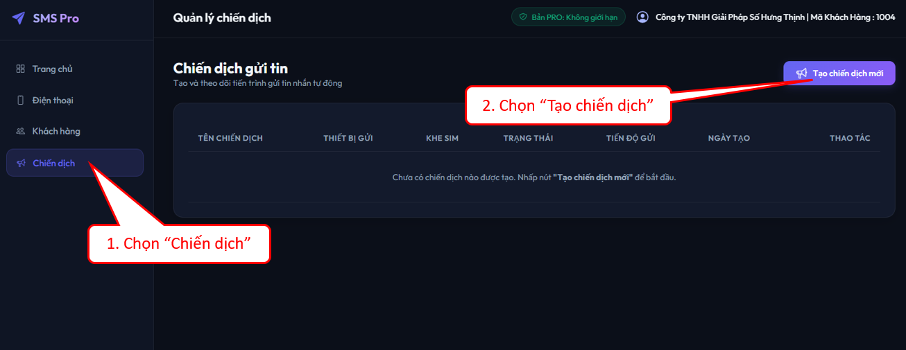 Bước 3.1 Tạo chiến dịch gửi tin nhắn