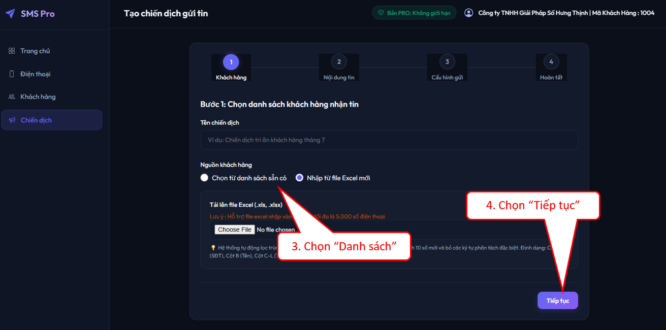 Bước 3.2 Chọn danh sách khách hàng nhận tin