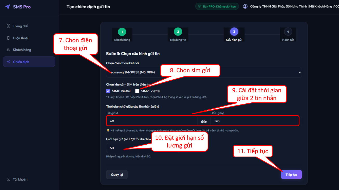 Bước 3.4 Cấu hình chiến dịch gửi