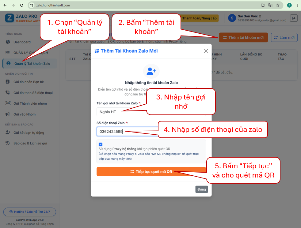 Thêm tài khoản Zalo vào phần mềm gửi tin nhắn zalo tự động
