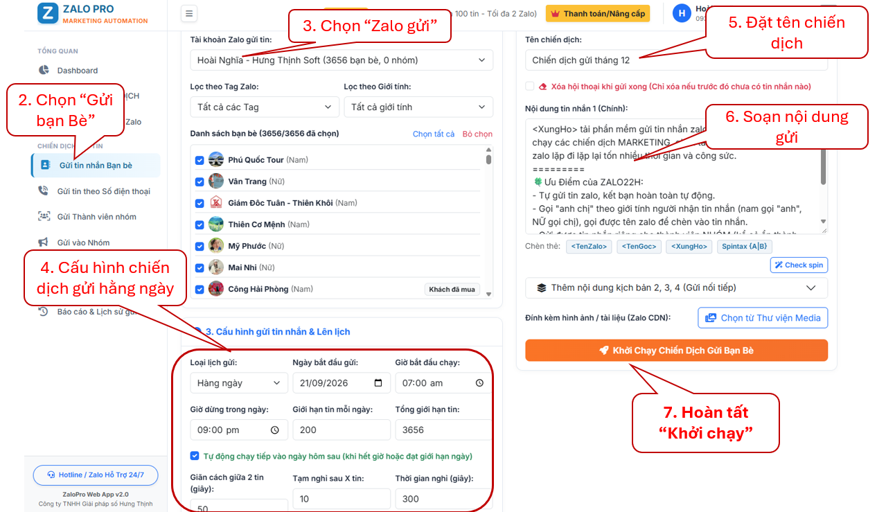 Thiết lập lịch trình và kịch bản gửi tin nhắn tự động cho bạn bè.