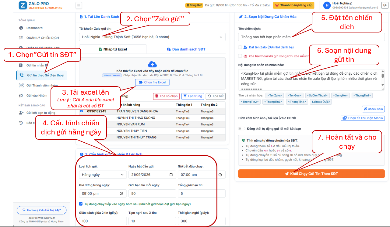 Nhập file Excel và cá nhân hóa nội dung gửi tin theo số điện thoại.