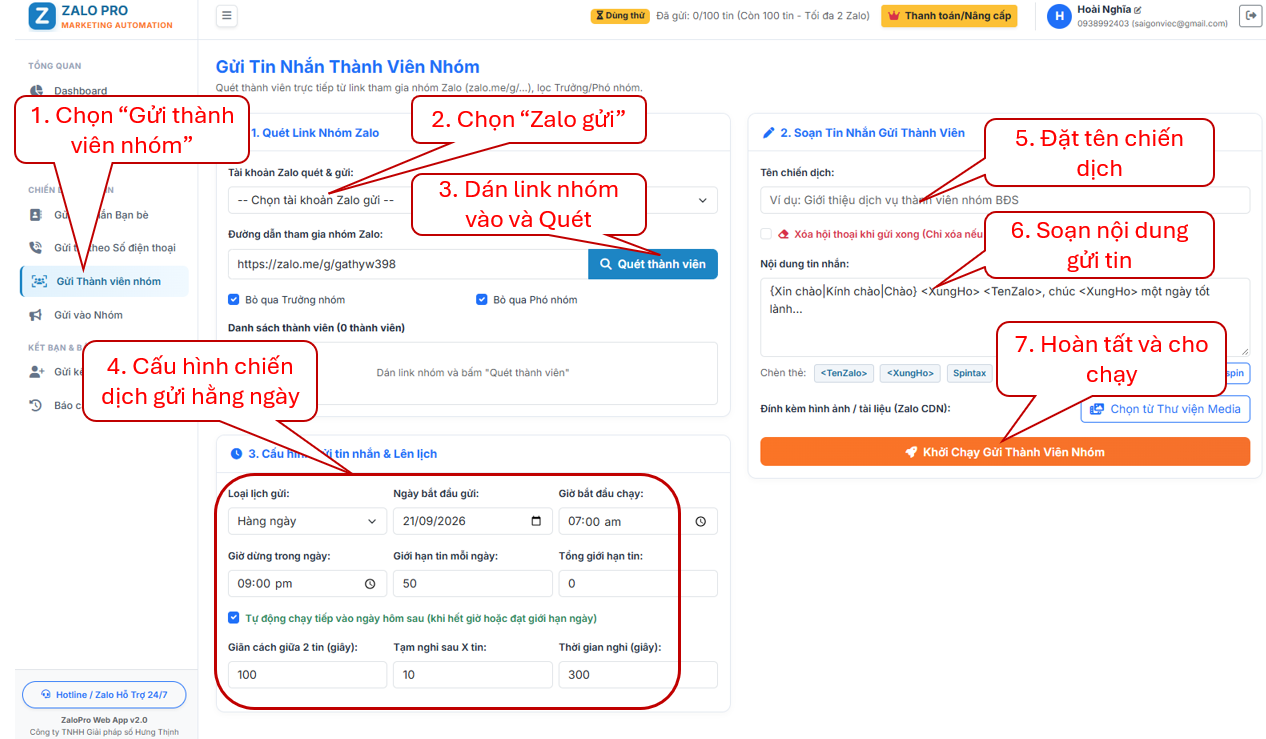 Quét thành viên từ link nhóm và lên lịch gửi tin nhắn tự động.