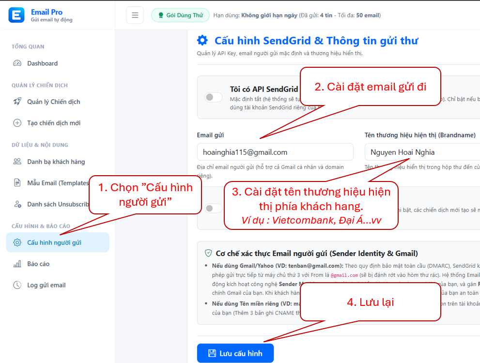 Cấu hình email người gửi và thương hiệu trên phần mềm gửi email tự động Email Pro