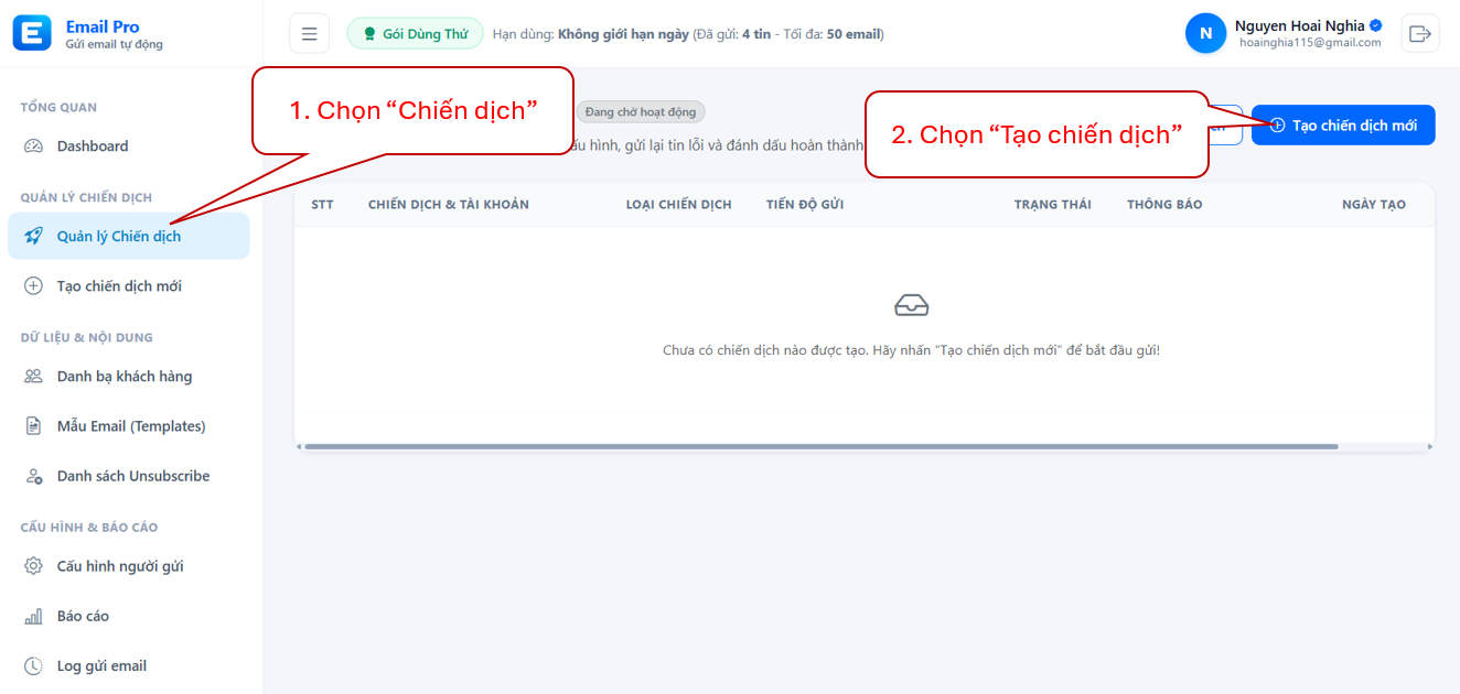 Tạo chiến dịch mới trên phần mềm gửi email tự động