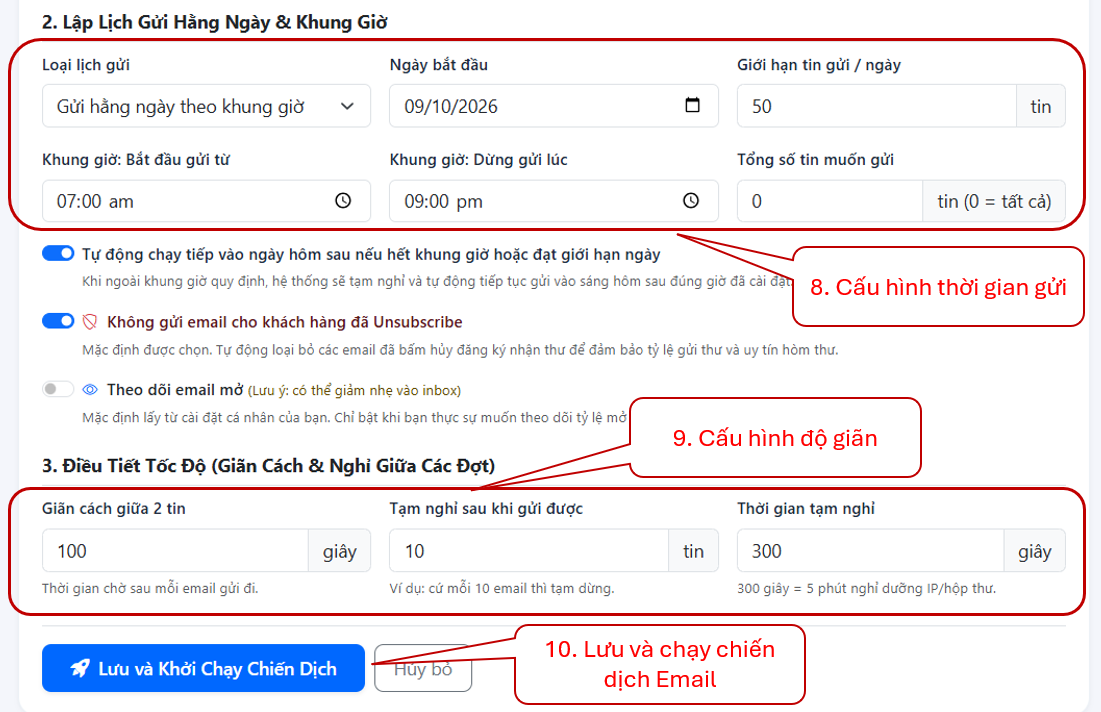 Lập lịch và điều tiết tốc độ trên phần mềm gửi email tự động