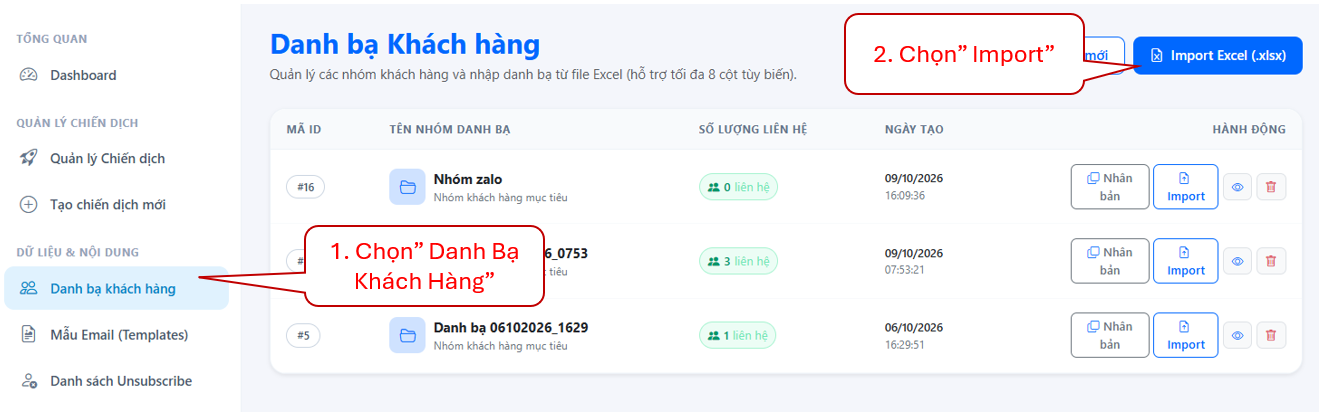 Quản lý nhóm danh bạ khách hàng trên phần mềm gửi email tự động