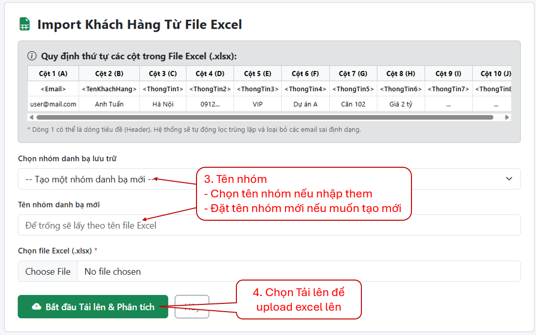 Tải file Excel lên phần mềm gửi email tự động